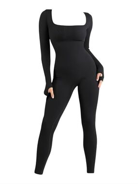 Black Long Sleeve Square Neck Jumpsuit